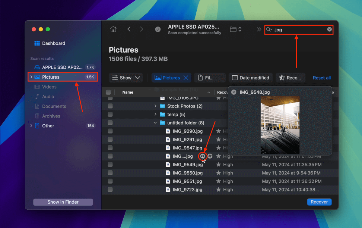 Disk Drill filter and preview features with found Mac files