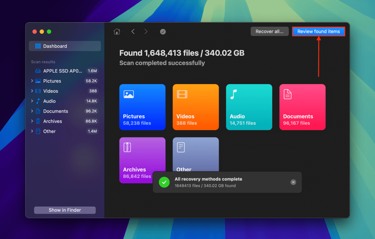 Review found items button after Disk Drill finishes scanning Mac drive