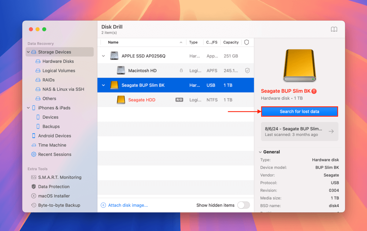 Seage hdd in Disk Drill's source selection menu