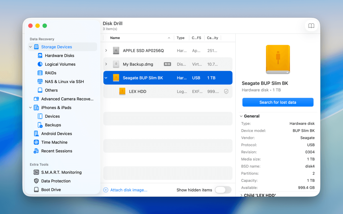 drive selection window in disk drill