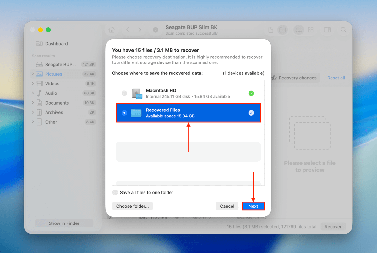 file destination selection dialog box in disk drill