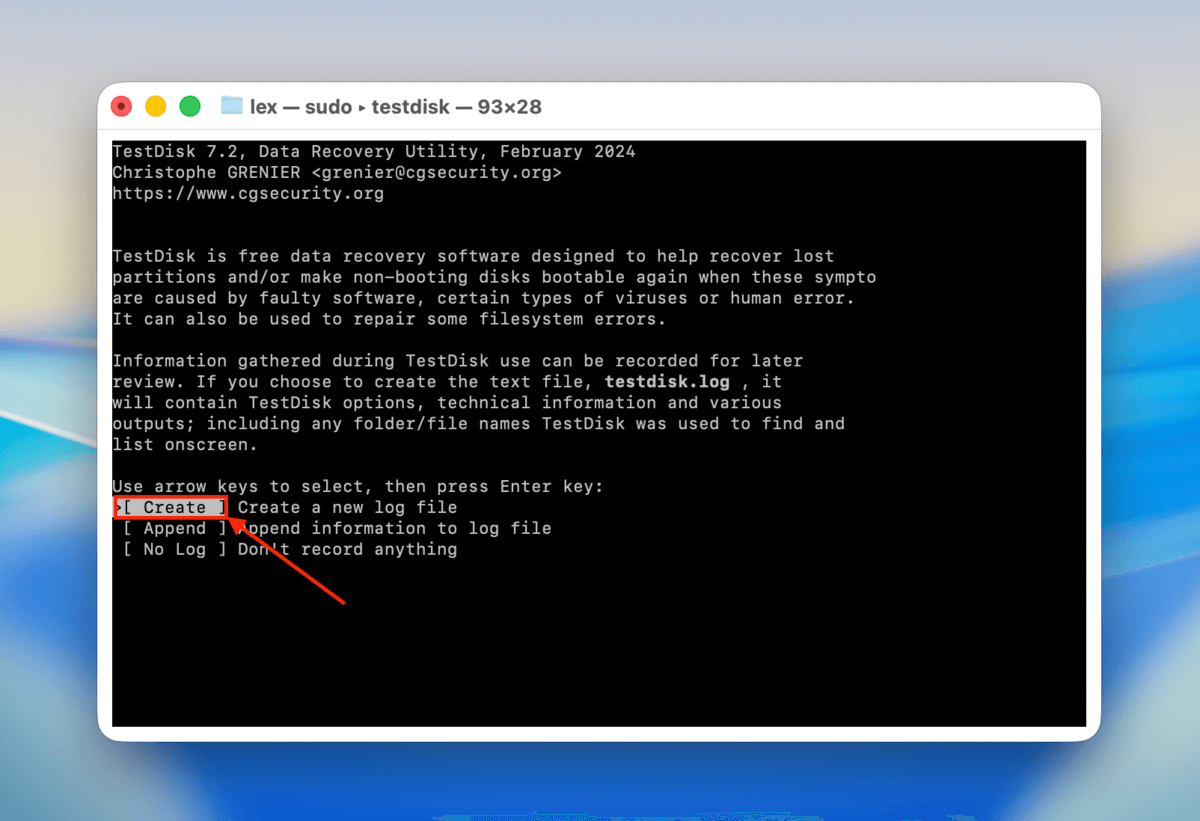 create option in testdisk