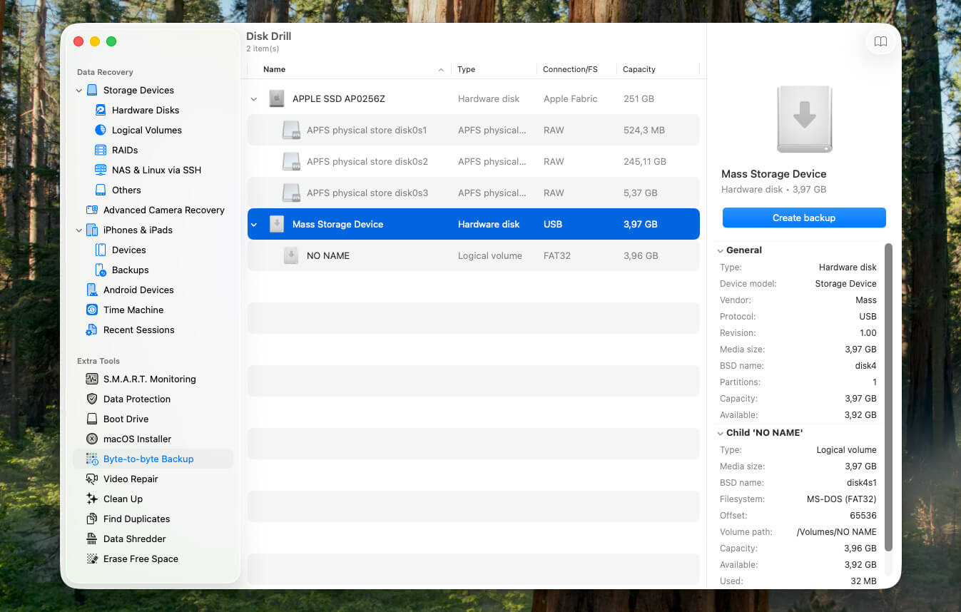 Disk Drill click Create Backup