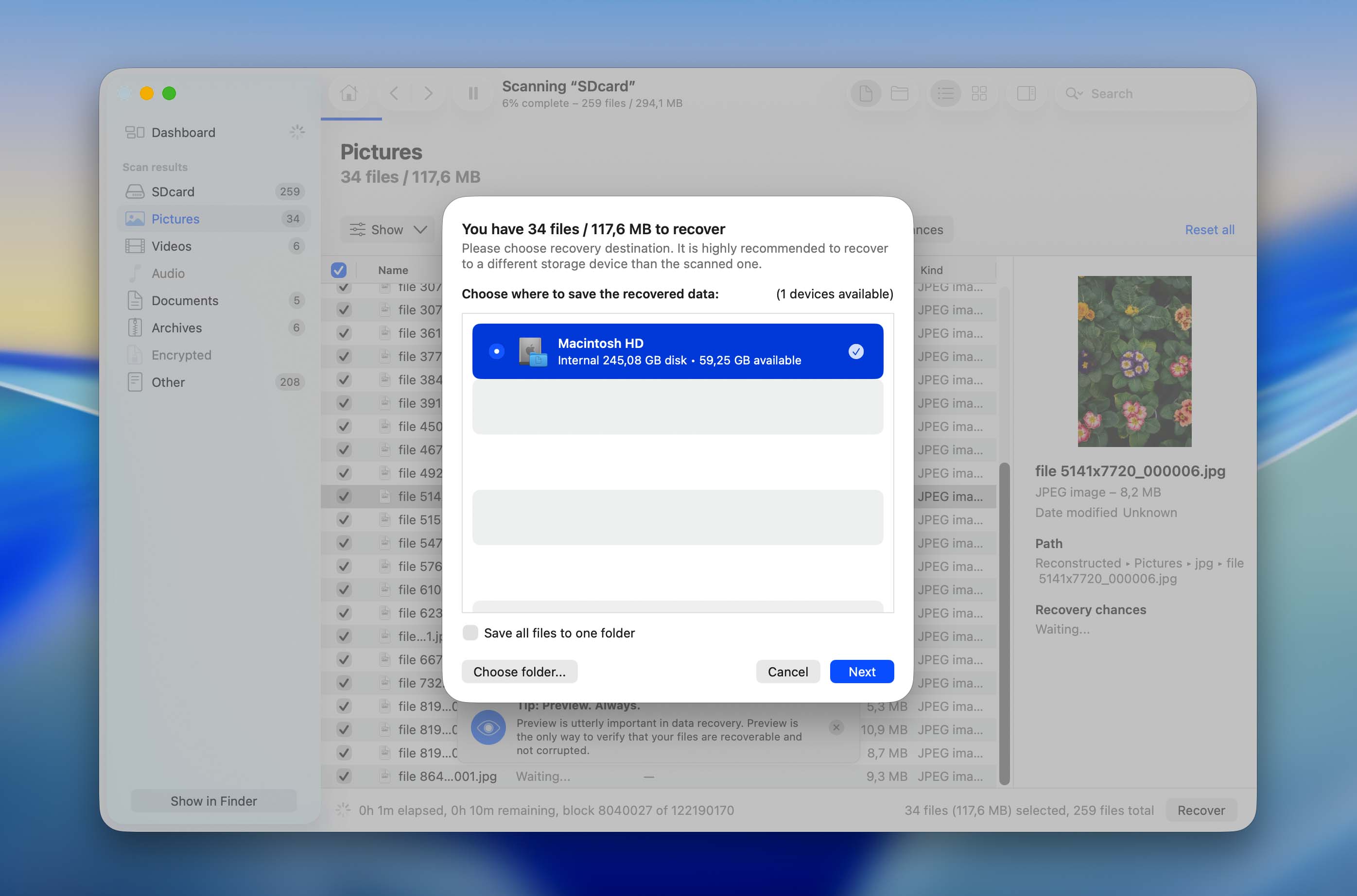 choose recovery location for files
