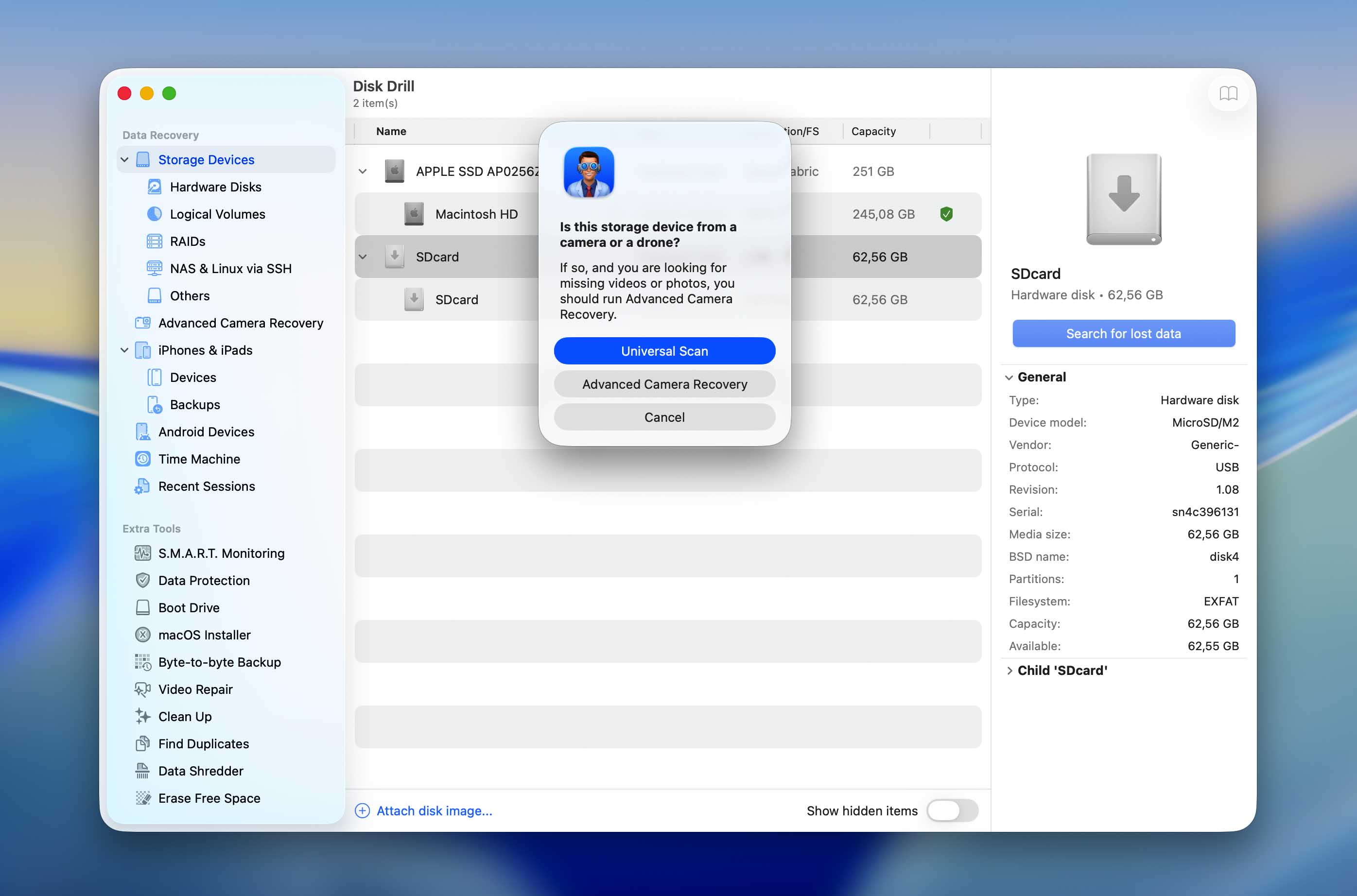 choose scan method in Disk Drill