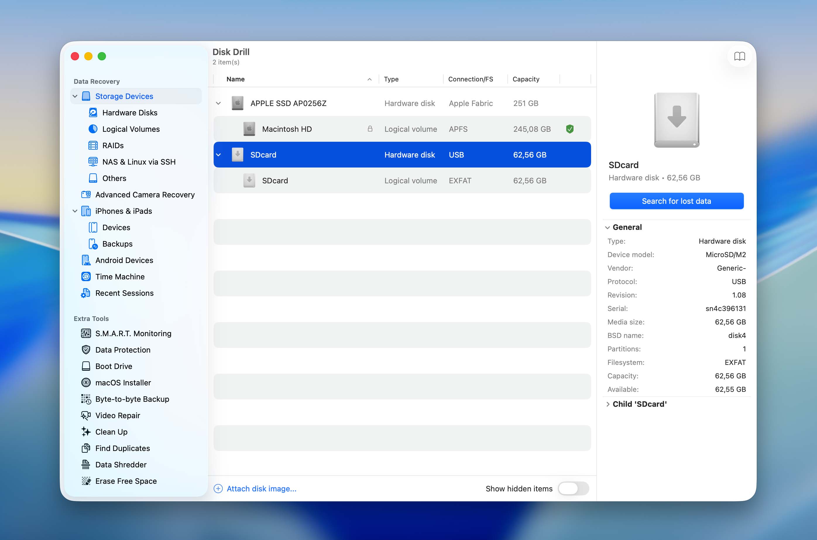 Select SD card from list and start scan